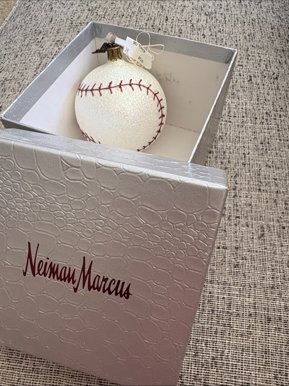 Neiman Marcus White Glitter Baseball Ornament with Red Stitching
